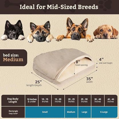 Snoozer Rectangle Cozy Cave Dog Bed - Indoor Dog Bed with Cover Cave, Covered Calming Burrow for Small & Medium Sized Pets with Blanket Attached, Enclosed, Washable Cover - Medium, Buckskin