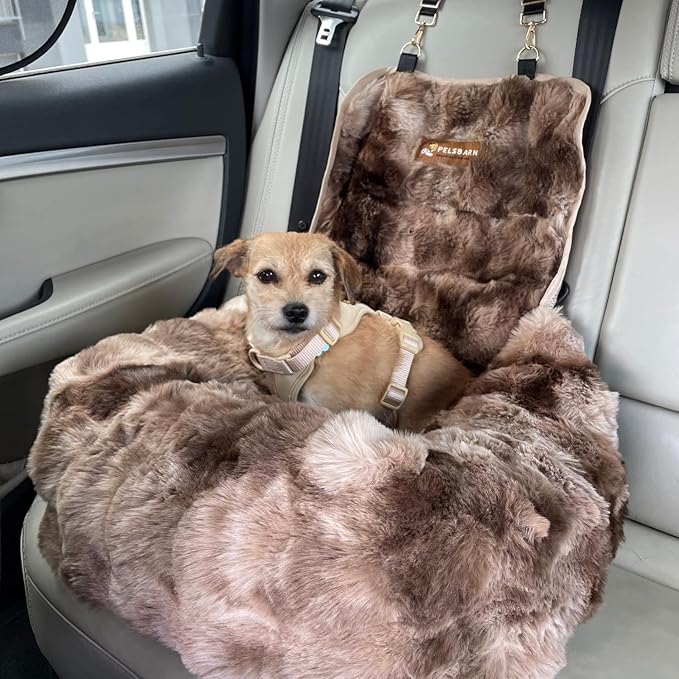 Pelsbarn Luxurious Cozy Car Bed - X-Small Luxury Travel Dog Bed with Safety Belt - Ultra Soft Faux Fur - Brown