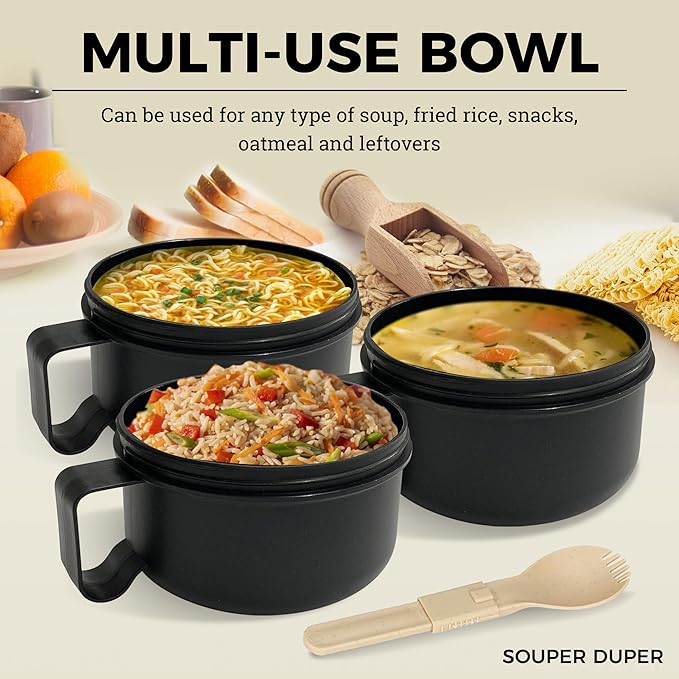Souper Duper Ramen Bowl Set with Utensil • Heat & Eat Noodles in the Same Soup Bowl • Meal Prep Containers with Lids • Lunch Containers • Microwave, Freezer, Dishwasher Safe (Black)