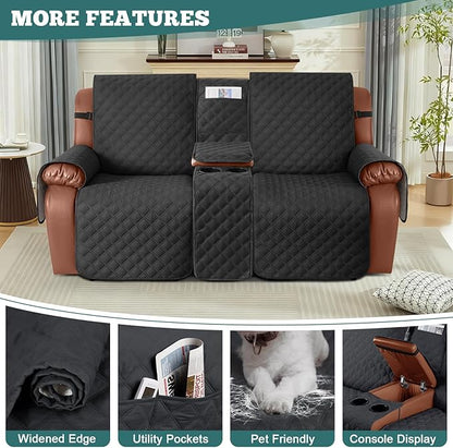 Ruaozz Waterproof Loveseat Recliner Cover with Console Non-Slip Reclining Couch Covers Split Sofa Slipcovers with Elastic Straps Furniture Protector for Kids, Dogs, Pets (Black, 2 Seater)