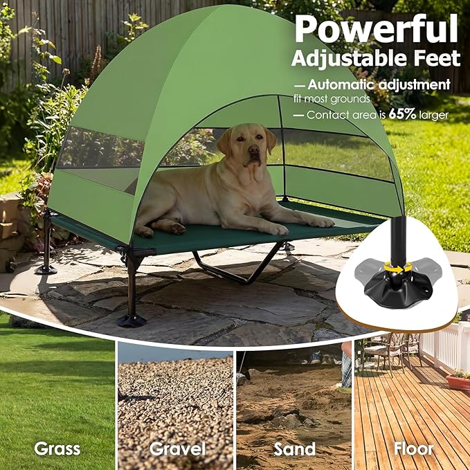 Elevated Dog Bed with Upgraded Canopy, Raised Outdoor Dog Tent with Powerful Anti-Slip Feet, Portable Pet Cot with Larger Shade, Raised Cooling Bed for Camping, Backyard, Beach, Poolside