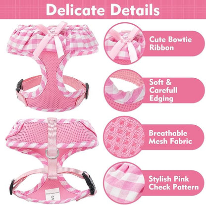 EXPAWLORER Cute Dog Harness and Leash Set - Pink Girl Dog Harness Checkered Step-in Design, Easy Adjustable No-Choke Lightweight Breathable Vest for Puppy Small Dogs Cats Outdoor Walking, Small