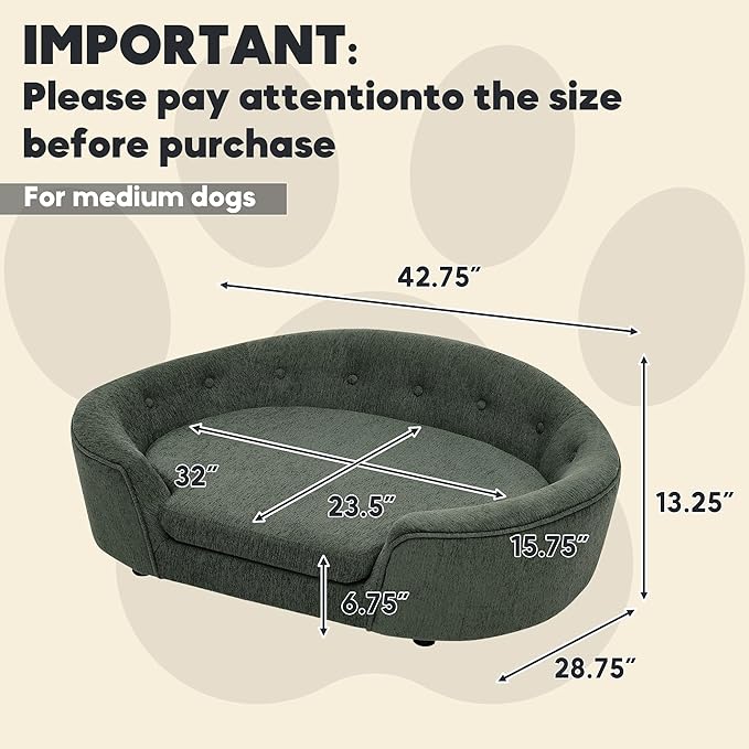 Dog Couch Bed with Oval Semi-Enclosed, Durable Linen Material Pet Sofa with Soft Foam Cushion, Dog Sofa Bed with Legs for Medium Dogs, Green