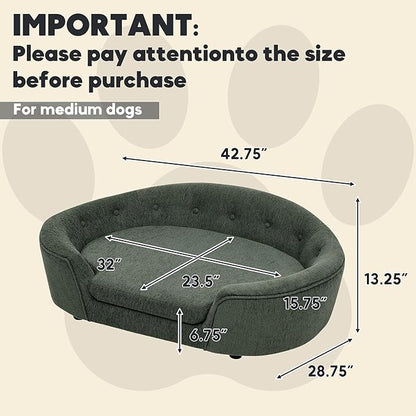 Dog Couch Bed with Oval Semi-Enclosed, Durable Linen Material Pet Sofa with Soft Foam Cushion, Dog Sofa Bed with Legs for Medium Dogs, Green