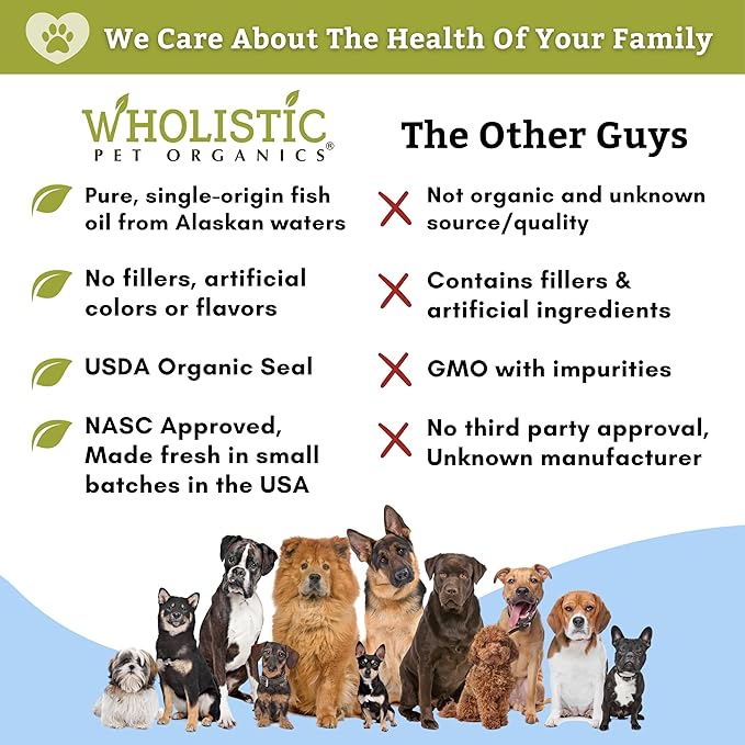 Wholistic Pet Organics Wild Alaskan Salmon Oil for Dogs and Cats - Omega 3 Fish Oil for Dogs & Cats - Cat & Dog Skin and Coat Supplement for Heart, Joints - DHA, EPA Omega 3 Liquid Food Topper - 4 oz