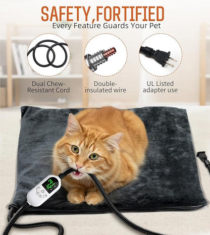 Pet Heating Pad for Cats & Dogs, Electric Heated Cat Bed with Adjustable Temperature (12 Levels) & Timer (12 Options), Chew-Resistant Cord, Indoor & Outdoor Use 18“x18”-25W