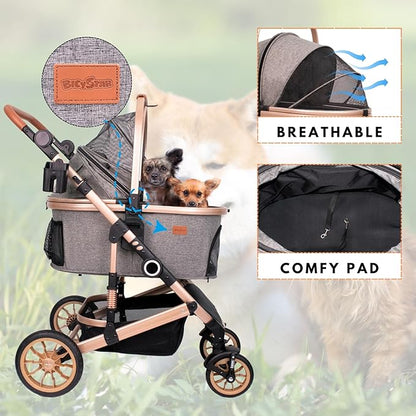 Bicystar Pet Stroller for Medium Dogs, Smooth-Ride Dog Stroller with Detachable Carrier, Rubber Wheels, Car Seat Combo 3-in-1, Up to 50 lbs, for Senior Dogs & Cats, Grey