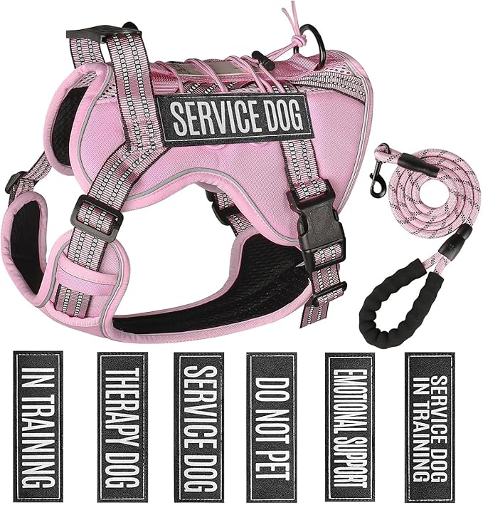 Service Dog Tactical Vest Harness and Leash Set Medium Sized Dog Emotional Support- Tactical Dog Harness Training Collar with Name (Pink, L)