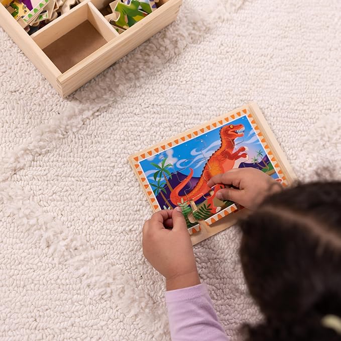 Melissa & Doug 4‑in‑1 Wooden Dinosaur Jigsaw Puzzle Set, 48 Pieces with Storage Box, Toddler Puzzle Toy for Kids Ages 3+ - FSC Certified