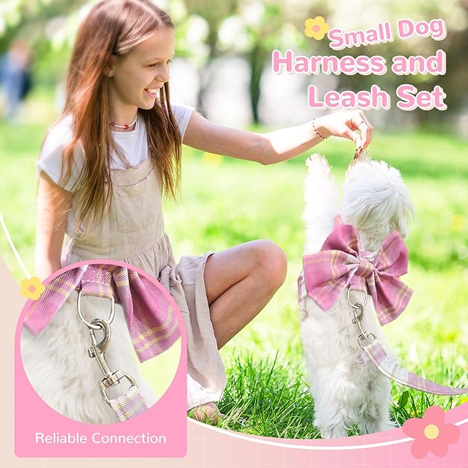 Cute Dog Harness and Leash Set with Bow Tie Soft Mesh Plaid Girl Puppy Harness No Pull Pet Cat Dog Vest Harness for Small Dogs Chihuahua Rabbit Outfit (Pink,L)