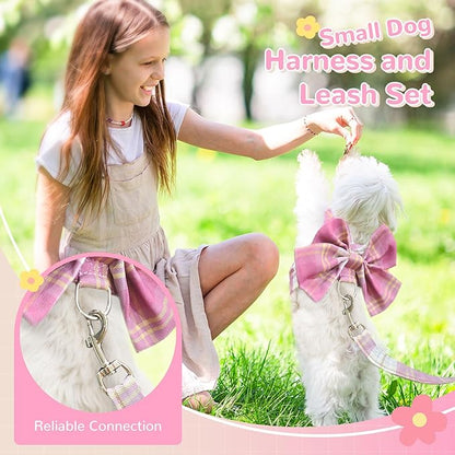 Cute Dog Harness and Leash Set with Bow Tie Soft Mesh Plaid Girl Puppy Harness No Pull Pet Cat Dog Vest Harness for Small Dogs Chihuahua Rabbit Outfit (Pink,XXL)