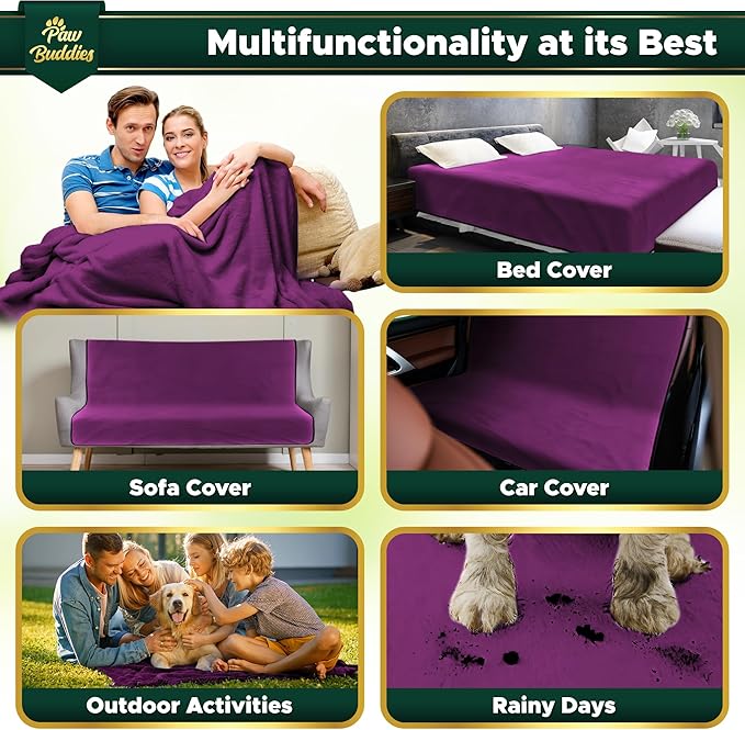 Paw Buddies Premium Waterproof Blanket 80"x90" Velvet-Feel Reversible Throw – Leakproof, Machine Washable Bed & Sofa King Size Protector for Couples, Pets & Travel + Bonus Small Blanket
