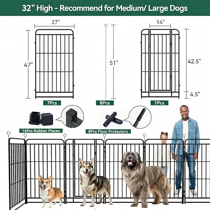 Dog Playpen Outdoor 8 Panels 32'' Rustproof Metal Dog Fence with Gate Small Medium Portable Large Dog Play Pen 18FT, 48 Sq.ft for RV Camping, Trips, Play Yard