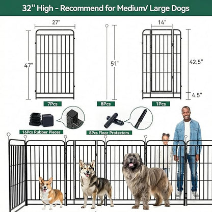 Dog Playpen Outdoor 8 Panels 32'' Rustproof Metal Dog Fence with Gate Small Medium Portable Large Dog Play Pen 18FT, 48 Sq.ft for RV Camping, Trips, Play Yard