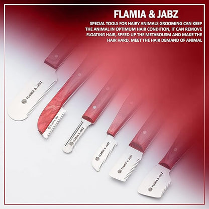 FLAMIA & JABZ FJ Professional Stripping Knife kit (6 pieces set) for Dogs & Pets, Wooden Handle Grip with Stainless Steel Blade (Right handed) (Coral Red)