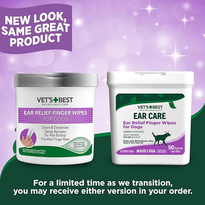 Vet's Best Ear Relief Finger Wipes, Ear Cleansing Finger Wipes for Dogs, Sooths & Deodorizes, 50 Disposable Dog Wipes
