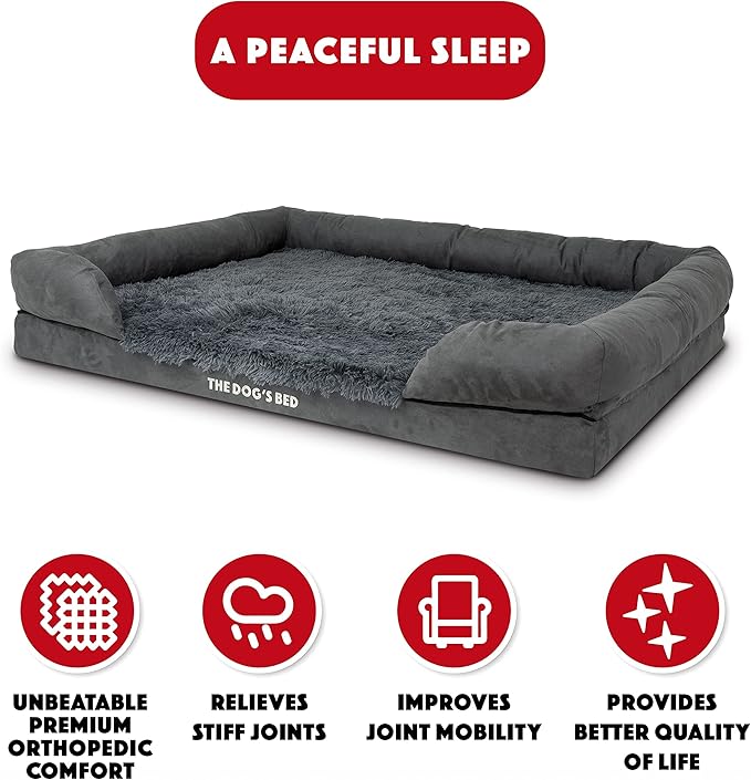 The Dog’s Bed Orthopedic Memory Foam Dog Bed with Bolsters for XXL Dogs, Waterproof Washable Cover, Anti-Slip Base, Calming Surface – CertiPUR-Certified Foam, Fur Fabric, Grey Fur, XXL