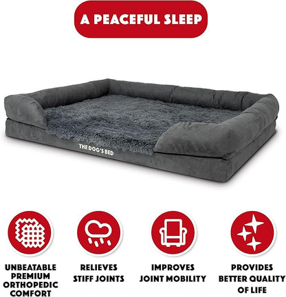 The Dog’s Bed Orthopedic Memory Foam Dog Bed with Bolsters for XXL Dogs, Waterproof Washable Cover, Anti-Slip Base, Calming Surface – CertiPUR-Certified Foam, Fur Fabric, Grey Fur, XXL