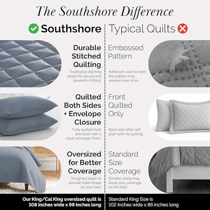 Southshore Fine Living, Inc. Oversized King Quilt Set, Blue Bedspread King California Comforter with 2 Matching Pillow Shams, Microfiber Coverlet Set, Oversized King Size Quilt, Slate Blue Bedding