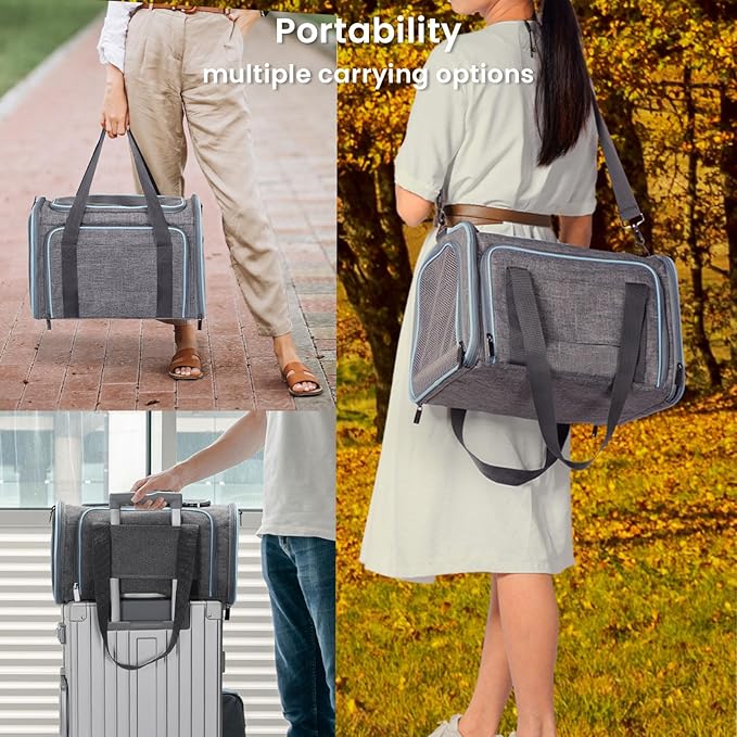 Petsfit Expandable Cat Carrier for 2 Cats Small Dog Carriers, Soft-Sided Portable Washable Pet Travel Carrier with Two Extension for Kittens, Puppies, Rabbits, 19 x 12x 12 inches, Light Grey