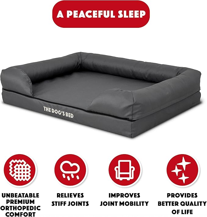 The Dog’s Bed Orthopedic Memory Foam Dog Bed with Bolsters for Medium Dogs, High Density Support Mattress, Low Front Entry, Removable Washable Cover, Oxford Fabric, Grey with Black Trim, Medium