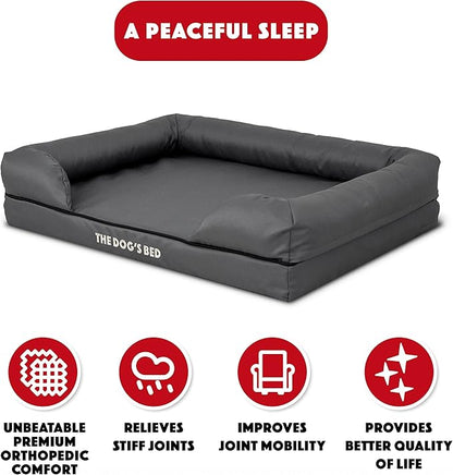 The Dog’s Bed Orthopedic Memory Foam Dog Bed with Bolsters for Medium Dogs, High Density Support Mattress, Low Front Entry, Removable Washable Cover, Oxford Fabric, Grey with Black Trim, Medium
