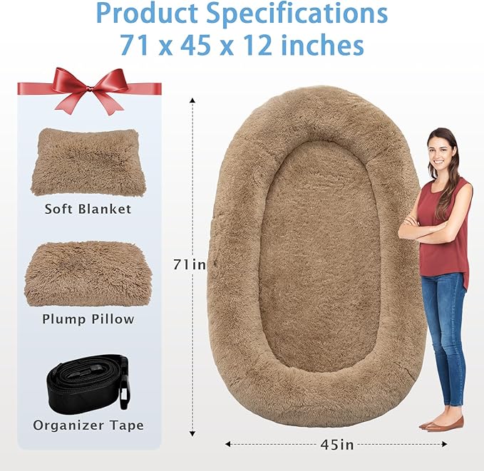 Human Dog Bed, 71''x45''x12'' Size Fits People and Pet 10 CM Thick Memory Foam Washable Adult Large Bed Giant Oversize Foldable Dog Bed with Plump Pillow, Blanket, Strap - Khaki