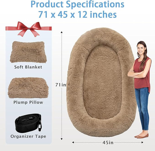 Human Dog Bed, 71''x45''x12'' Size Fits People and Pet 10 CM Thick Memory Foam Washable Adult Large Bed Giant Oversize Foldable Dog Bed with Plump Pillow, Blanket, Strap - Khaki