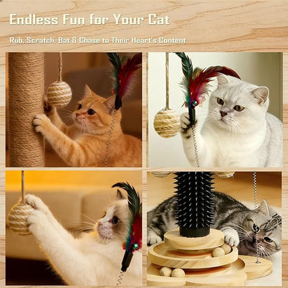 Wooden Cat Scratching Post with Brush, 4 in 1 Cat Scratcher Kitten Toys for Indoor Cats, 17.7" Tall Sisal Post with Two-Laye Wooden Ball Track, Ideal for Small Medium Cat