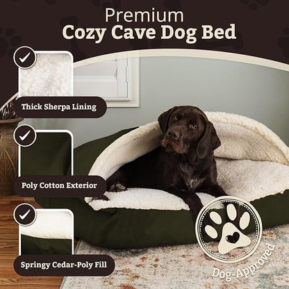 Snoozer Rectangle Cozy Cave Dog Bed - Indoor Dog Bed with Cover Cave, Covered Calming Burrow for Small & Medium Sized Pets with Blanket Attached, Enclosed, Washable Cover - Medium, Olive