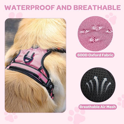 FURRYFECTION Plaid Dog Harness for Large Dogs, Reflective No Pull Adjustable Pet Vest with Front Clip, Leash, Easy Control Handle and Seat Belt, Pink, L