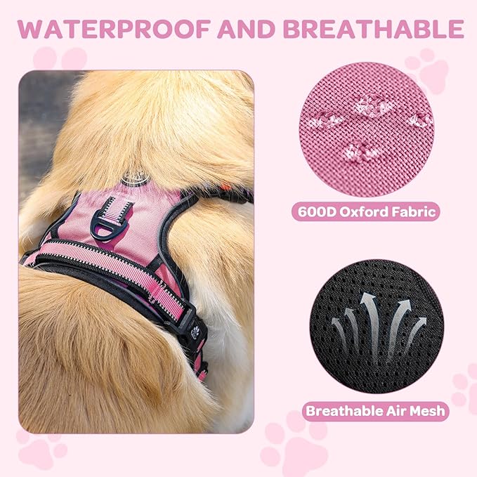 FURRYFECTION Plaid Dog Harness for Small Dogs, Reflective No Pull Adjustable Pet Vest with Front Clip, Leash, Easy Control Handle and Seat Belt, Pink, S
