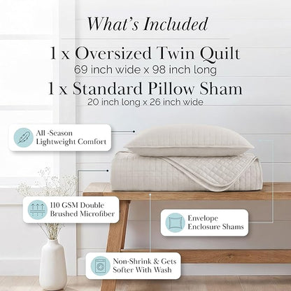 Southshore Fine Living, Inc. Twin Quilt Bedding Set, Microfiber Quilt Comforter, XL Twin Bedspread Coverlet, Pet Hair Resistant Bedding Set, Natural Beige Bedspread with Matching Pillow Sham, Bone