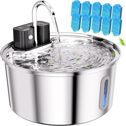 Wireless Cat Water Fountain 10Pcs Filters - 108oz/3.2L Automatic Cat Water Fountain Cordless, Stainless Steel Battery Operated Pet Fountain Rechargeable Water Dispenser for Cats, Dogs, Multiple Pets