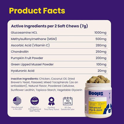 Advanced Hip & Joint Supplement for Dogs - 90 Soft Chews with Glucosamine, MSM, Chondroitin & Multivitamins - Supports Mobility & Flexibility - Made with Pasture-Raised Chicken