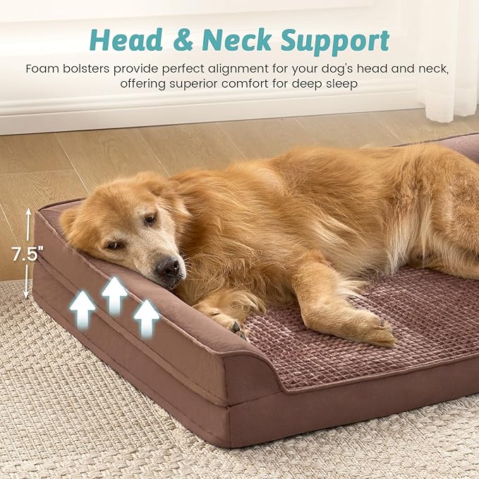 COZY KISS Orthopedic Dog Bed for Extra Large Dog 44x32 inch, XL Pet Sofa, Bolster Foam Bed with Sides, Non-Slip and Egg-Crate Big Dog Couch Bed with Washable Removable Cover, Brown