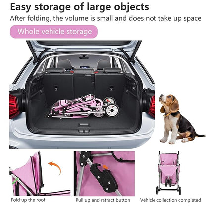 FDW 3-Wheel Pet Stroller Foldable Dog Cat Jogger Stroller Durable Travel Folding Carrier with Storage Basket Cup Holder,Peach Pink