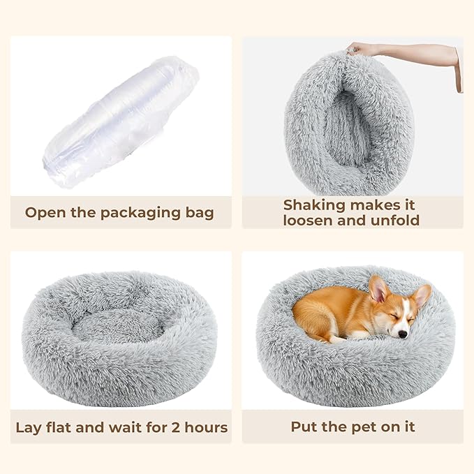 Calming Anti-Anxiety Donuts Dog And Cat Bed, Round Fluffy Soft Washable Small Medium Pet Bed For Puppy And Kitten, Cuddler Warming Comfortable Cushion, Luxury Anti-Slip Waterproof Mute Base 20in Gray