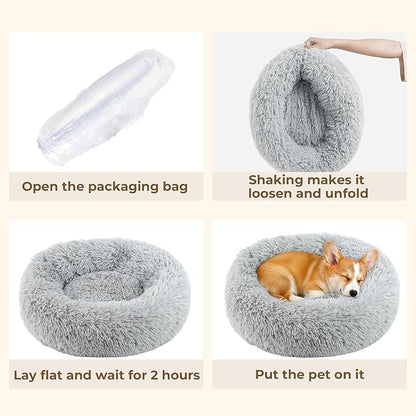 Calming Anti-Anxiety Donuts Dog And Cat Bed, Round Fluffy Soft Washable Small Medium Pet Bed For Puppy And Kitten, Cuddler Warming Comfortable Cushion, Luxury Anti-Slip Waterproof Mute Base 20in Gray