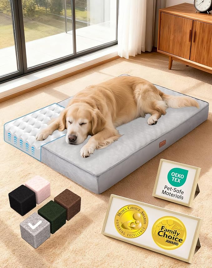 OhGeni Orthopedic Waterproof Dog Bed for Large Dogs, Machine-Washable Removable Cover in Easy-Clean Fabric, High Density Foam & Easy-Carry Handle, Suitable for Crate, 41 inch (Gray)