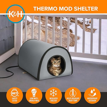 K&H Pet Products Heated Outdoor Cat House for Outside - Thermo Mod Kitty Shelter, Insulated, Waterproof, Heated Floor, Washable Cover, Safety Listed - Small 21 X 14 X 13in Gray 25W