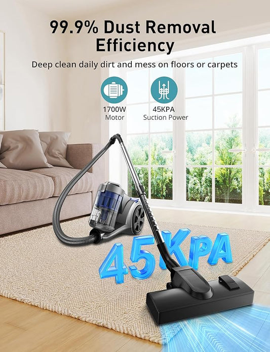 Aspiron 1700W Canister Vacuum Cleaner, 45Kpa Bagless Vacuum Cleaner, Multi-Cyclonic Filtration, 2 Anti-Allergen HEPA Filters, 3.5QT Dust Cup, 4 Tools, Corded Vacuum for Hard Floor, Pet Hair, Sapphire