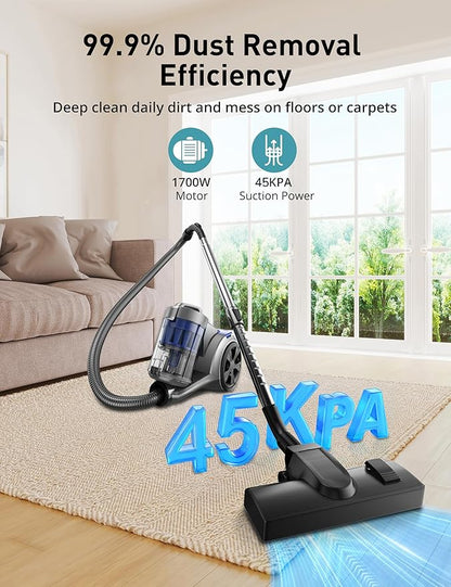 Aspiron 1700W Canister Vacuum Cleaner, 45Kpa Bagless Vacuum Cleaner, Multi-Cyclonic Filtration, 2 Anti-Allergen HEPA Filters, 3.5QT Dust Cup, 4 Tools, Corded Vacuum for Hard Floor, Pet Hair, Purple