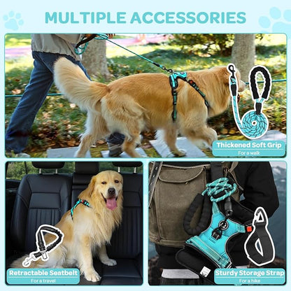 FURRYFECTION Plaid Dog Harness for Small Dogs, Reflective No Pull Adjustable Pet Vest with Front Clip, Leash, Easy Control Handle and Seat Belt, Turquoise, S