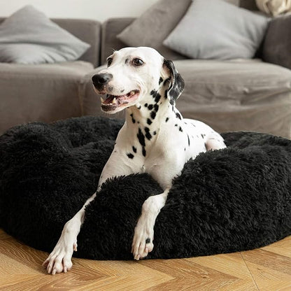 HACHIKITTY Calming Donut Cuddler Dog Bed, Round Fluffy Pet Bed for Large Dogs,Washable, Large, Black, 30''