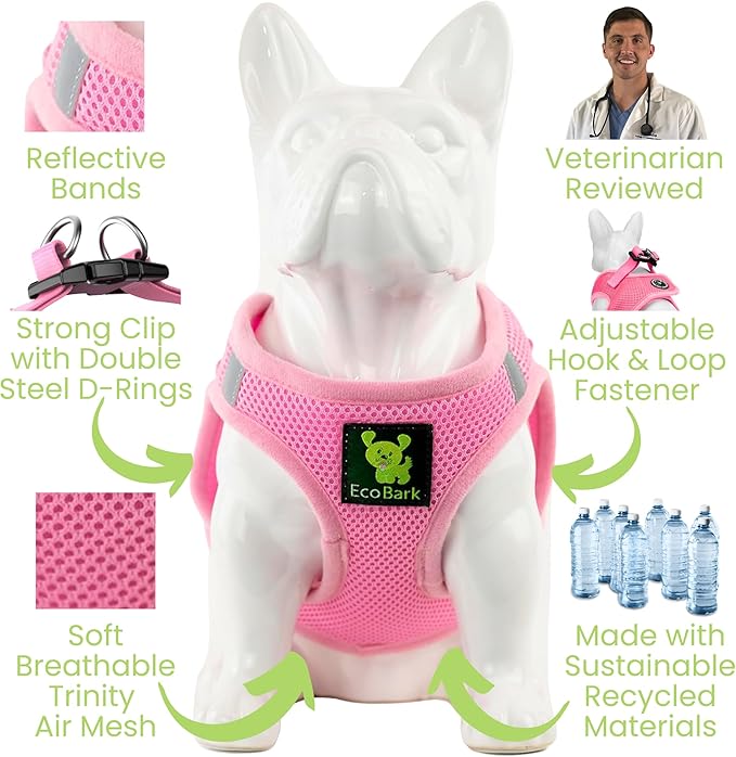 EcoBark Teacup Dog Harness - Luxury Step in Dog Harnesses XXXS - Reflective and Adjustable Vest Harness - Soft Mesh Halter Harness Vest for Puppies & Dogs (Baby Pink)