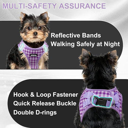 AIITLE Medium Dog Harness – Breathable Mesh with Plaid Design & Dual D-Rings – Secure Fit for Camping, Hiking & Daily Adventures (L, Purple)
