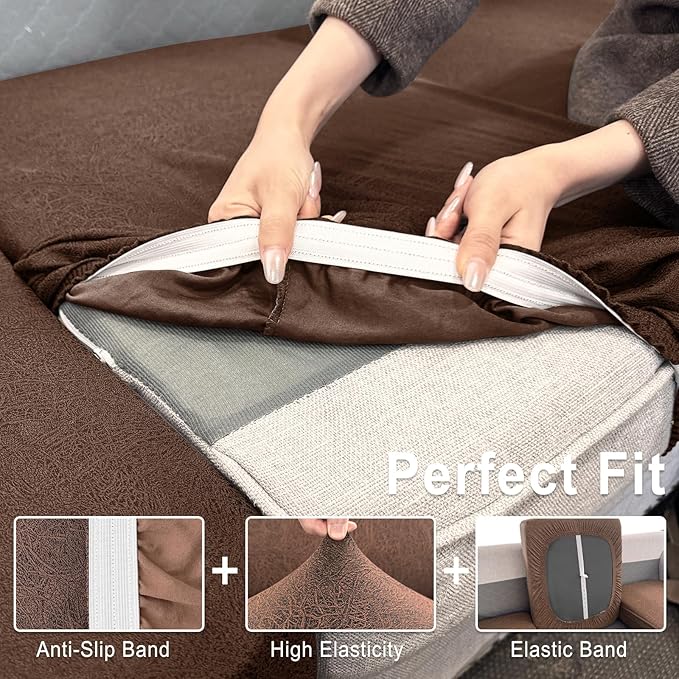 ANARACHON Leather Look Couch Cushion Covers Sofa Seat Slipcovers Sets Couches Furniture Protector for Sectional Armchair Loveseat Pets Kids Stretch Spandex Fabric (3 Cushion Sofa, Brown)