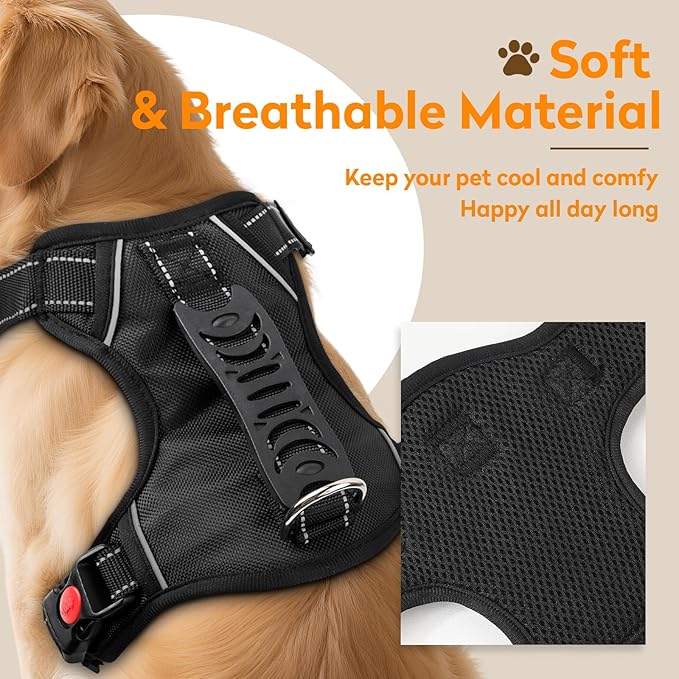 No Pull Dog Harness with 2 Leash Clips, Reflective Adjustable Soft Padded Vest with Handle, Breathable Oxford No Choke Pet Vest for Medium Sized Dogs, Orange,M