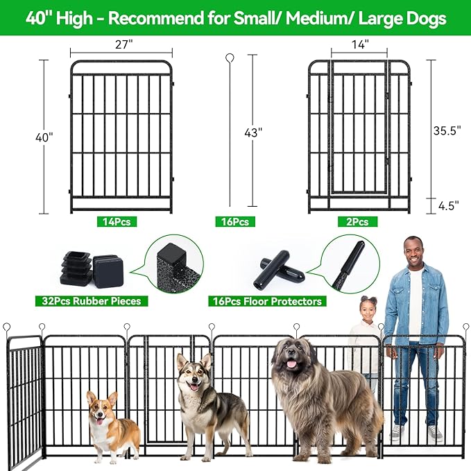 Kfvigoho Heavy Duty Dog Playpen: 16 Steel Panels 40" Height, Square Steel Pipe with Reinforced Crossbars, 36FT 103 Sq.ft Portable Fence for Yard RV Camping, Snowy Black